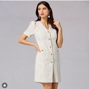 Cache Cream Tweed Mini Dress with Gold Accents